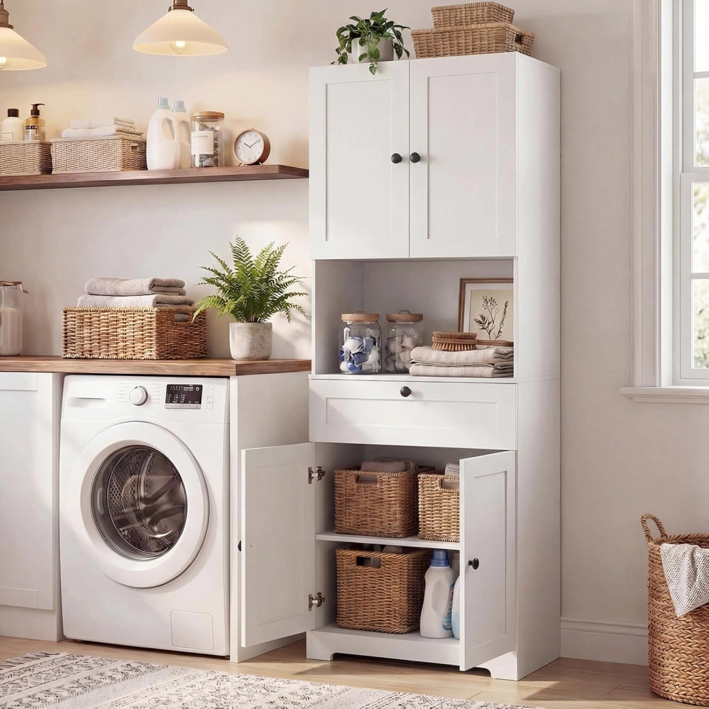 Mobile da Bagno Salvaspazio, Mobile da Terra con 4 Ante, 1 Cassetto, Vano Aperto e Ripiani Regolabili, Credenza Dispensa Cucina in Lgeno per Soggiorno e Ingresso, 60 x 35 x 171,5 cm (Bianco)