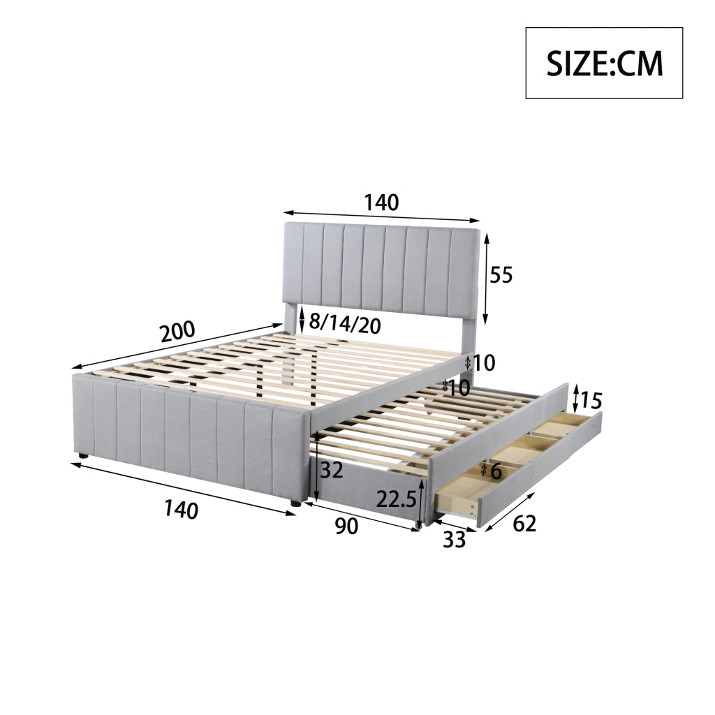 DESMIU Letto estraibile 140 × 200 cm 2 posti con 3 cassetti e letto supplementare, senza materasso, in lino, grigio