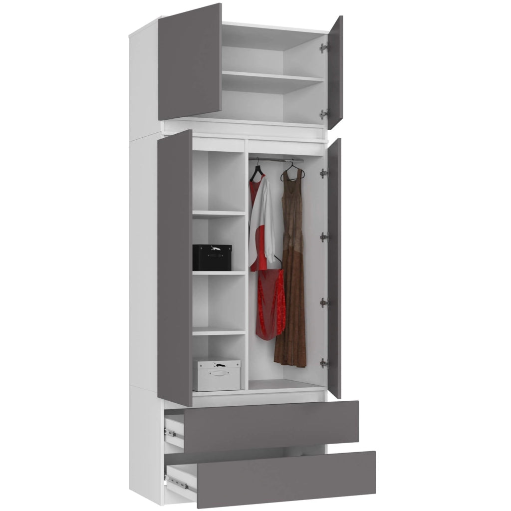 Armadio AKORD S90 con sopralzo Bianca 90 cm 2 ante 2 cassetti inserto frontale Grigio Grafite 90x51x234 cm