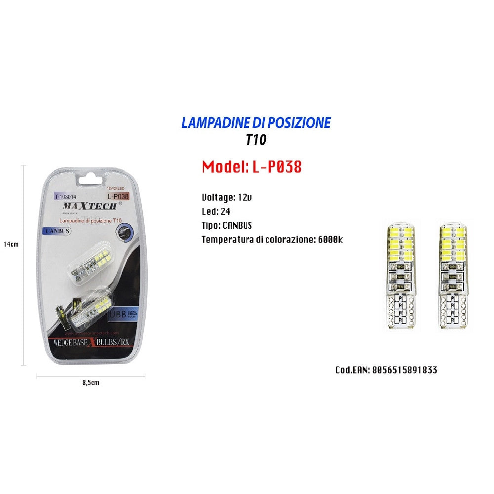 Trade Shop - Lampadine Di Posizione T10 Canbus Ultra Luminose Maxtech L-p038 12v/24led 6000k -