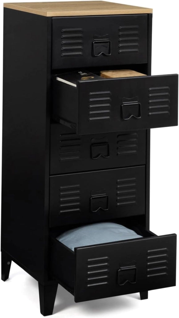 Cassettiera ESTER a 5 cassetti, 40 cm, metallo nero e piano in faggio in stile industriale
