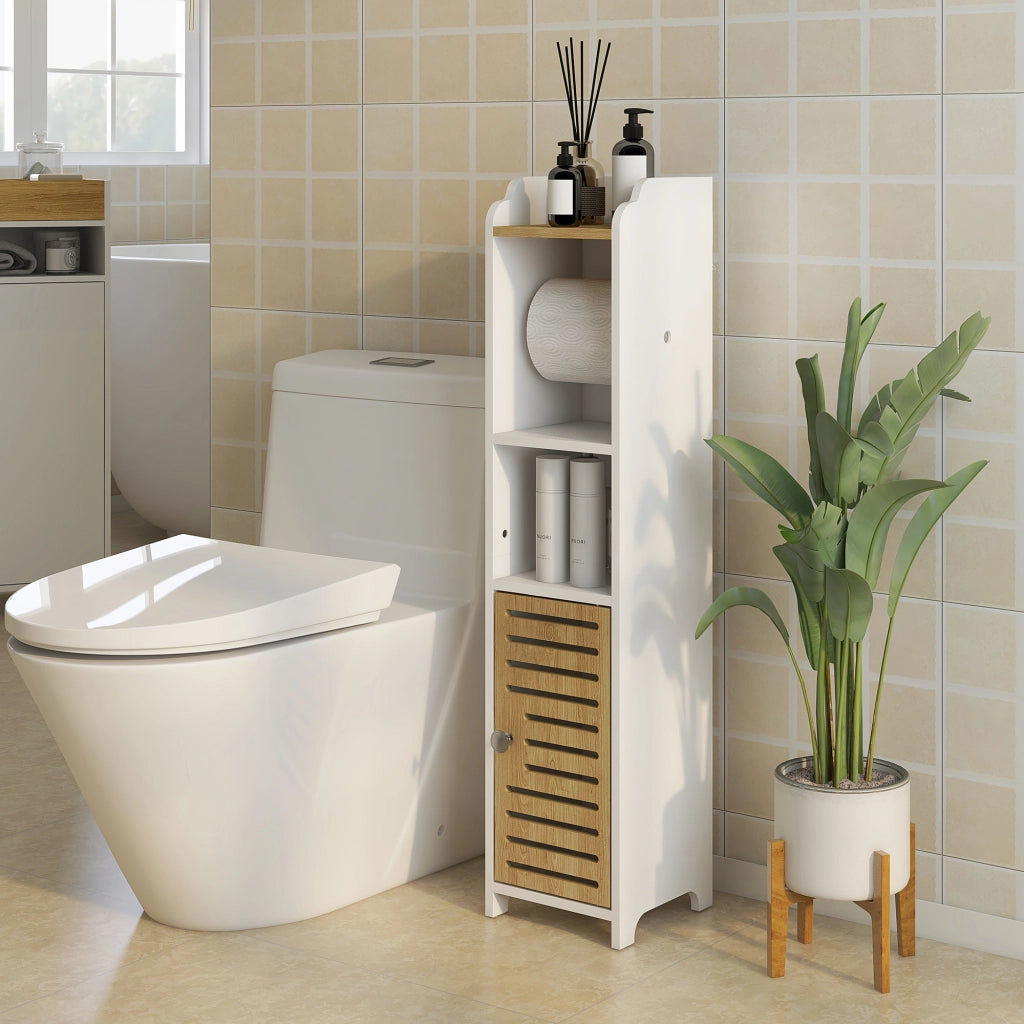 Mobile Bagno con Portarotolo e Ripiani ¨C Zephmum ¨C 18x20x90 cm Bianco e Rovere