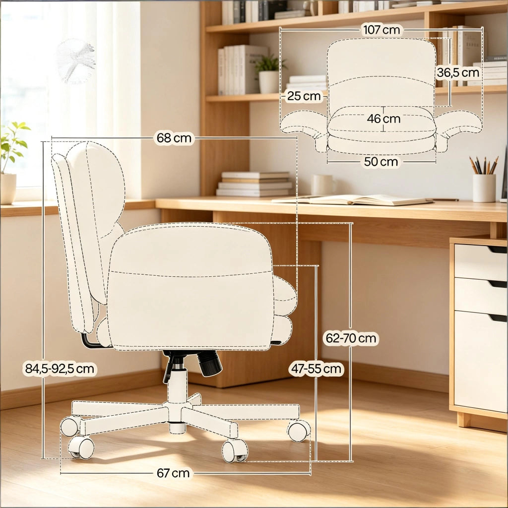 Sedia girevole imbottita in ciniglia beige con schienale ergonomico e base in metallo