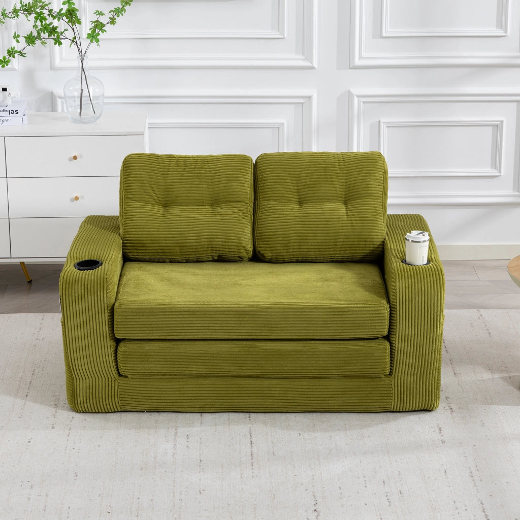 Divano modulare a 2 posti in velluto a coste con portabicchieri e tasche laterali verde oliva 136 × 80 × 82,5 cm