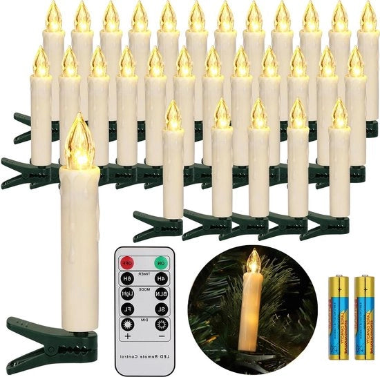 Albero di Natale LED con Luci a Batterie Senza Fili con Timer e Comando a Distanza - Flickerante e Regolabile - Illuminazione di Natale Esterna Resistente all'Acqua - Con 30 Batterie
