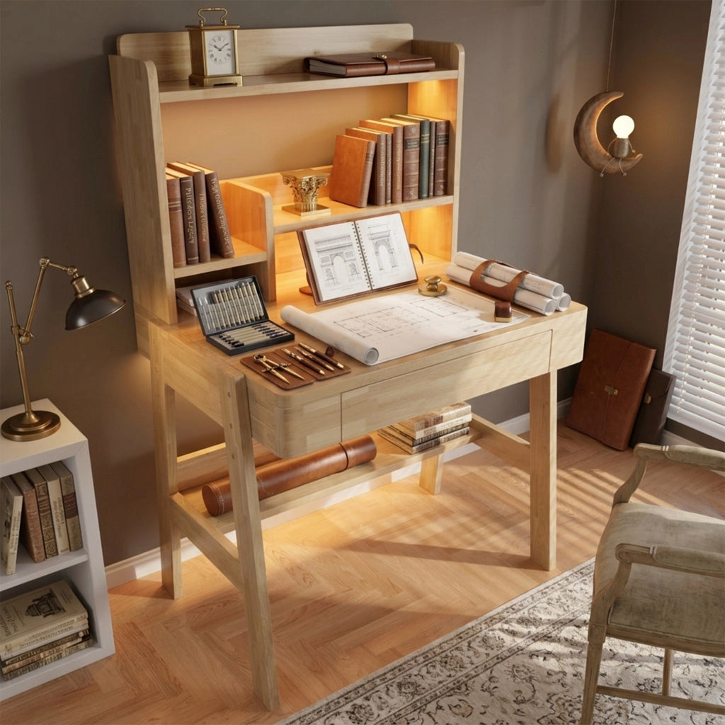 Scrivania per bambini, regolabile in altezza, con cassetto, ripiani, luce a LED, porta USB, color rovere
