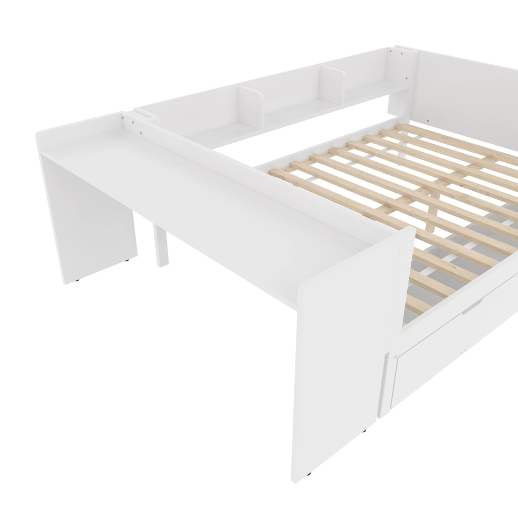Letto matrimoniale con scrivania, 2 cassetti e 3 ripiani, bianco, 140x200 cm
