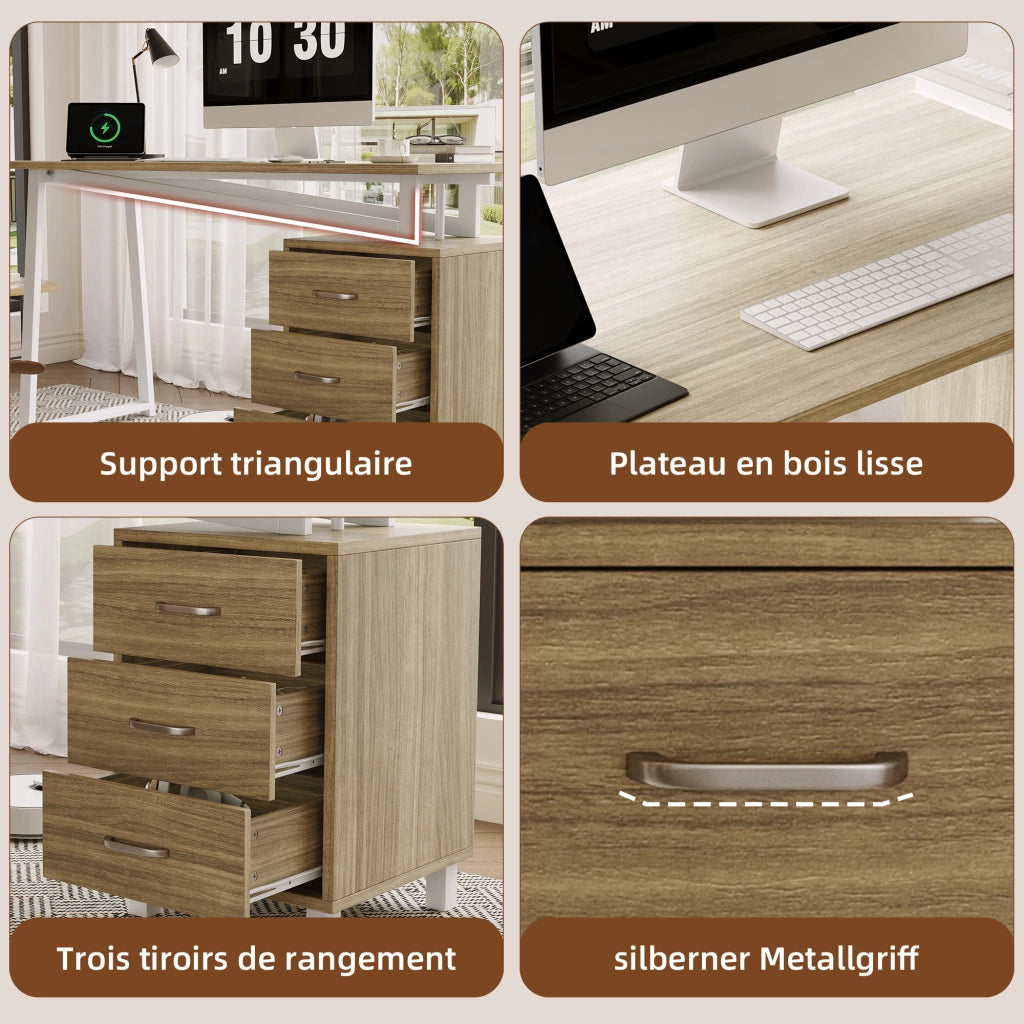Scrivania lineare con 3 cassetti e ampio piano in MDF con struttura in acciaio bianco per studio naturale 130 × 55 × 75 cm
