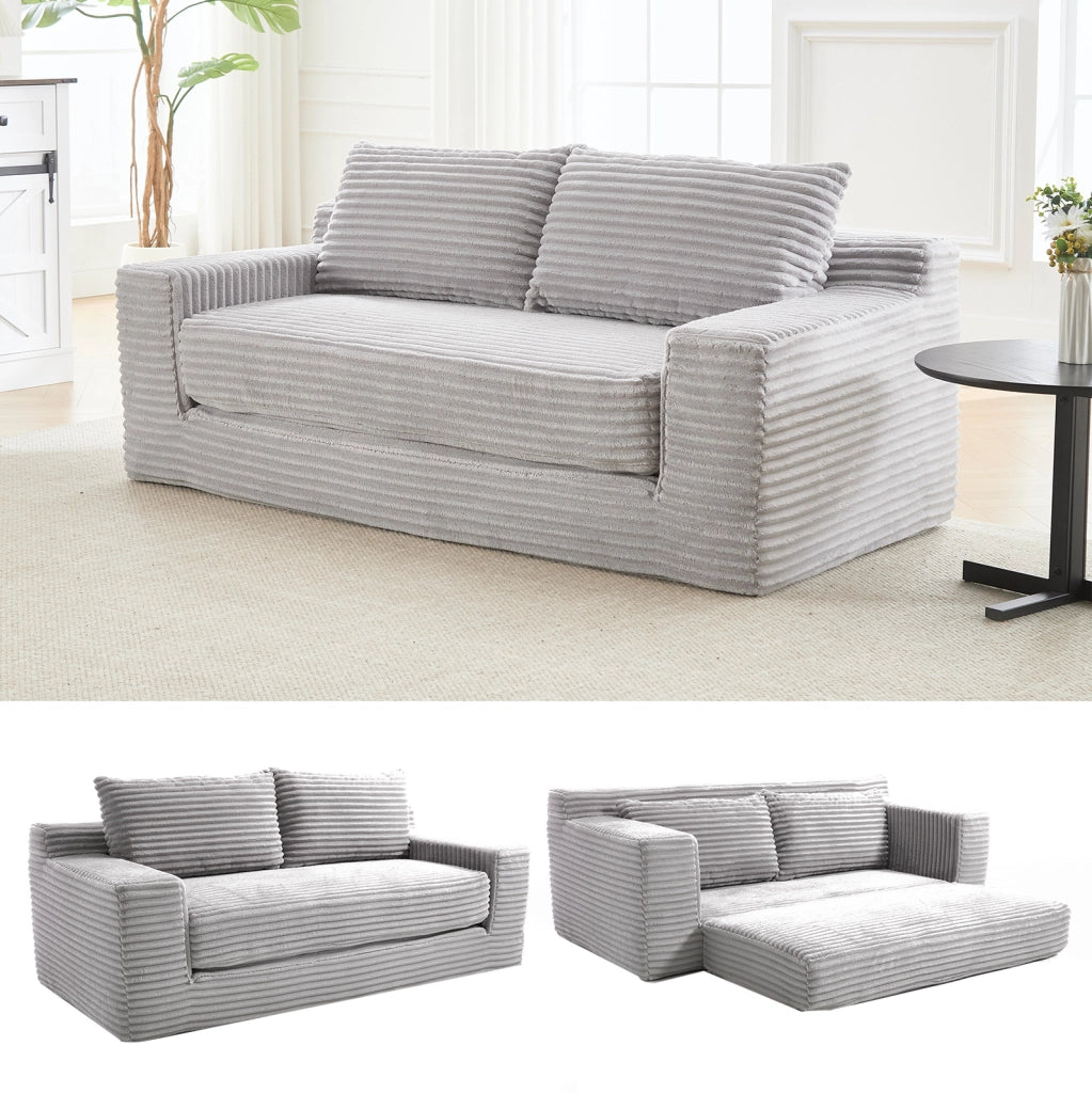 DIVANO LETTO 2 in 1 Compatto in Tessuto a Coste Grigio Chiaro