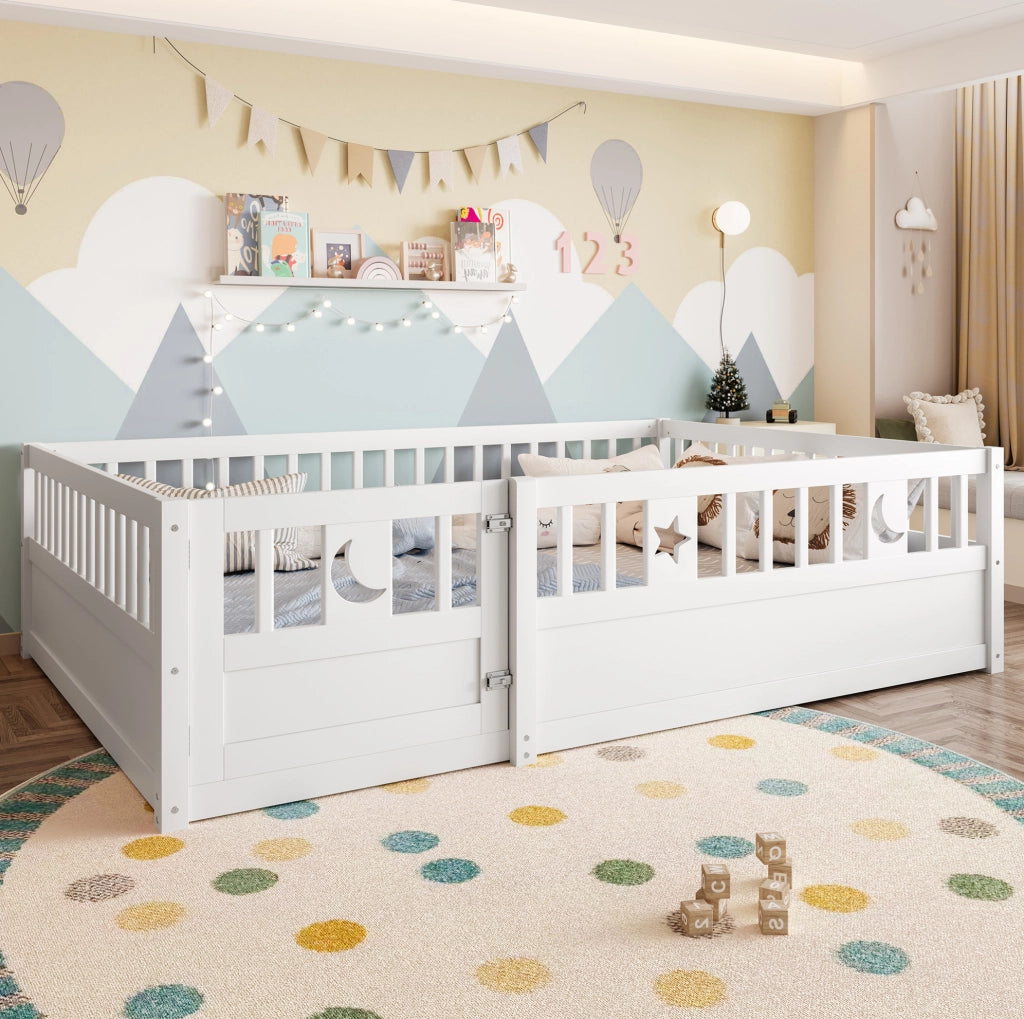 Letto per bambini 140x190 cm con sponde di sicurezza e decori stella e luna; bianco