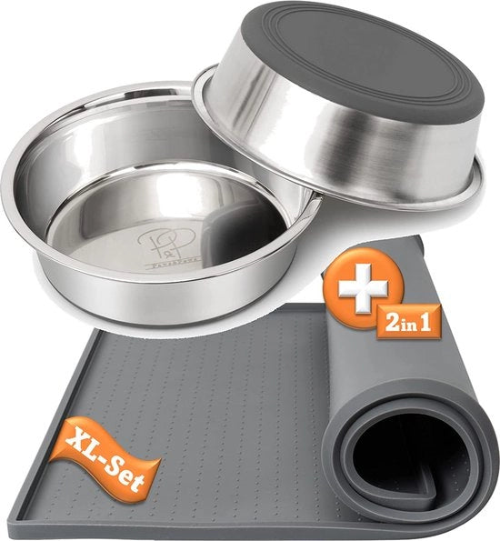 Set di ciotole per cani e gatti in acciaio inossidabile (2 x 1750 ml), insieme XL + piatto di supporto per cani e gatti, stazione alimentare di alta qualità, insieme 2 ciotole, ciotola per cani, ciotola alimentare in silicone (60 x 40 cm) con bordo.