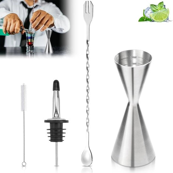 Misuratore Cocktail in acciaio inossidabile 304 per cocktail scala di misura 30 ml/60 ml con misuratore cocktail doppio con cucchiaio per cocktail con spazzola per servire per bar, festa, vino, shaker di drink, argento.