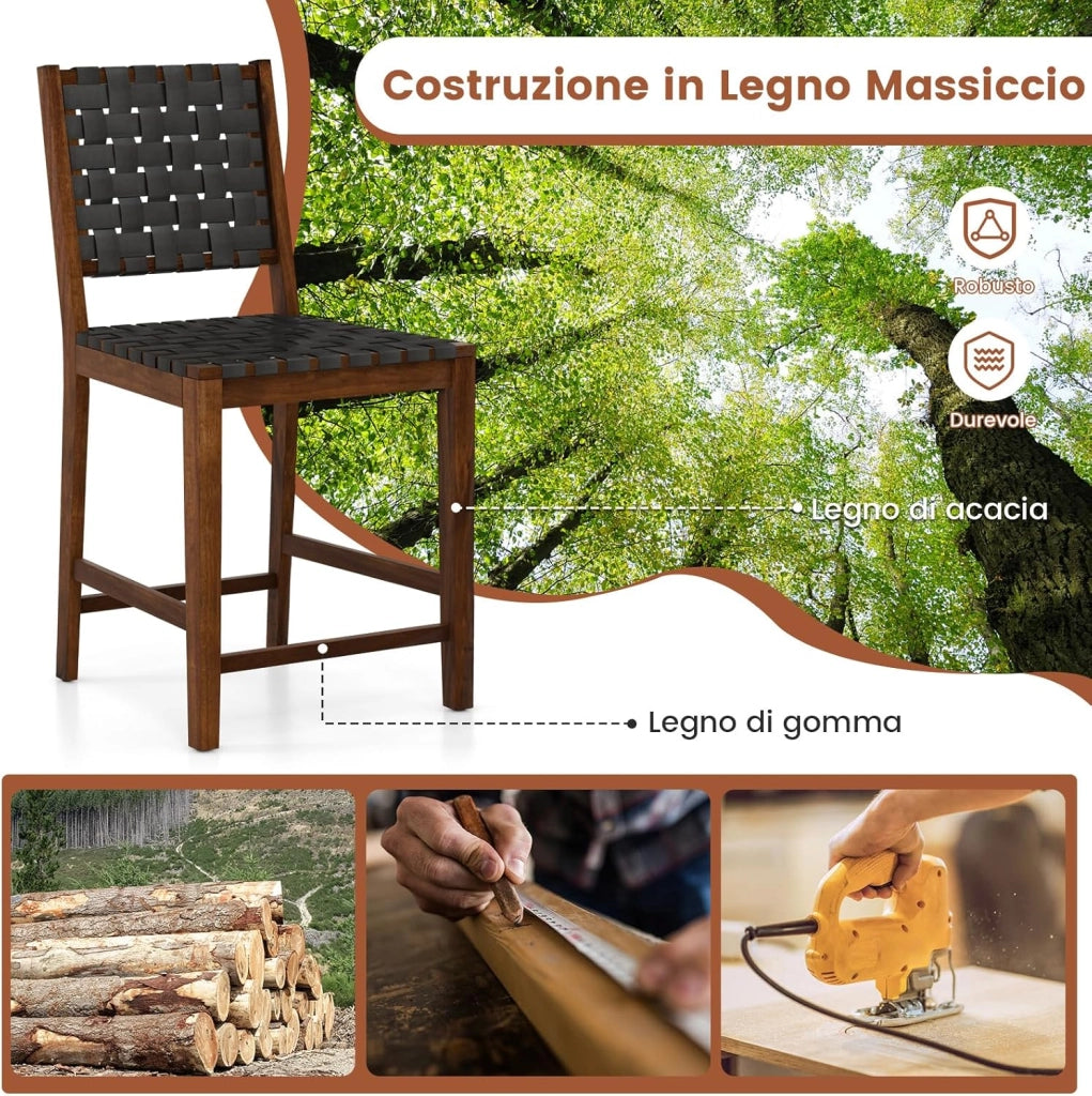 Sgabelli da Bar, 2 Sedie Alte con Cinturini in Similpelle, Schienale Accogliente e Struttura in Legno Massello, Sgabelli per Cucina, Sala da Pranzo, Ristorante e Bar