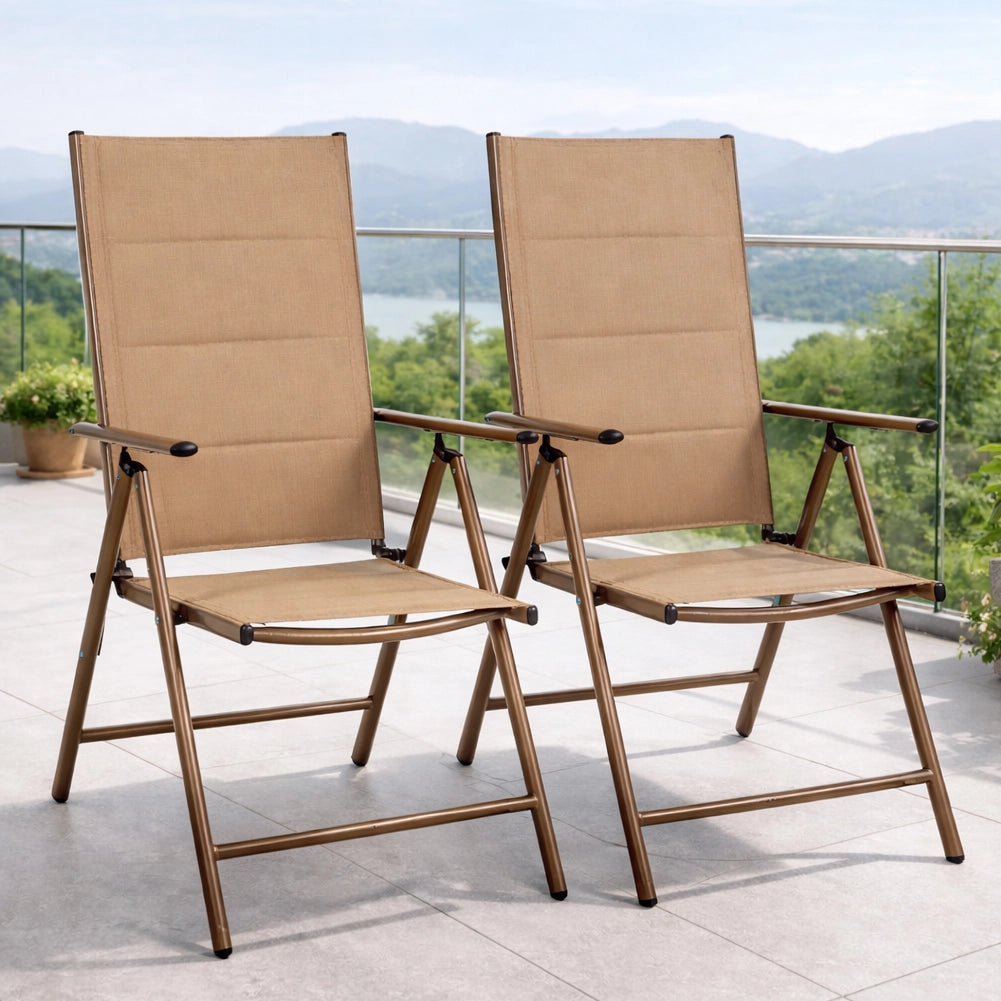 Set 2 Sedie Sdraio Beige Pieghevoli e Salvaspazio con Schienale Alto Ergonomico