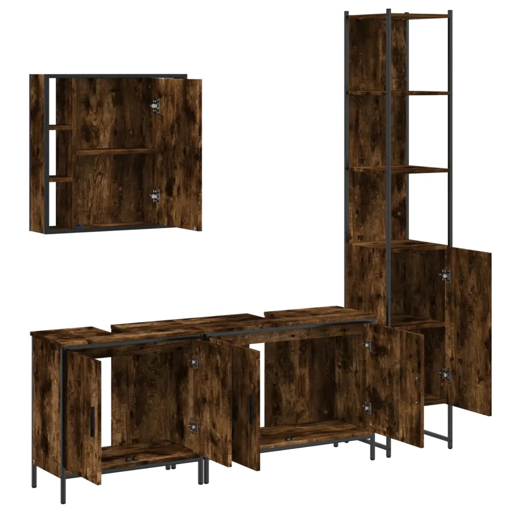 Set Mobili da Bagno | Armadio da bagno 4 pz Rovere Fumo in Legno Multistrato