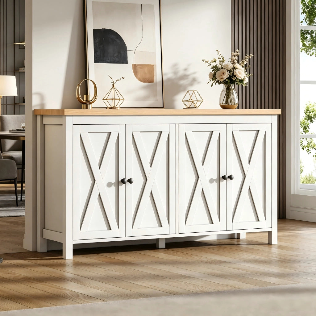 Credenza bianca 140x40x78 cm con 4 ante, 2 ripiani regolabili, struttura in MDF, portata 30 kg, stile moderno