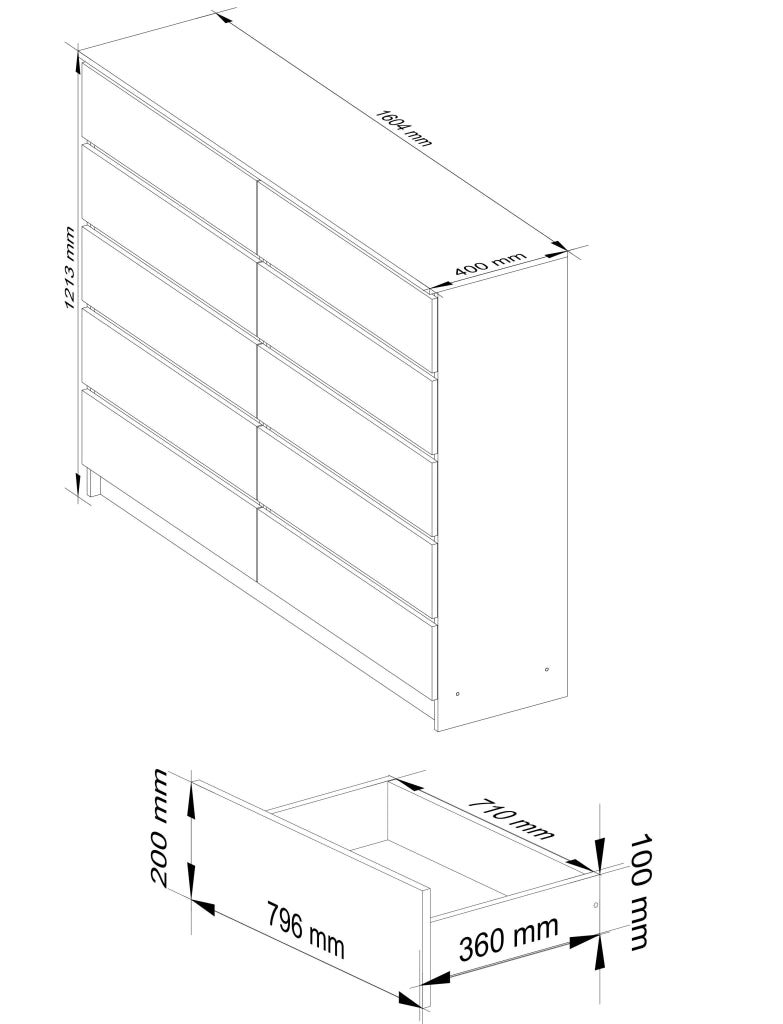 Cassettiera AKORD K160 Bianca 160 cm 10 cassetti 160x40x121 cm