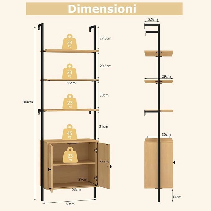 Scaffale Salvaspazio 60 x 30 x 184 cm, Libreria a 3 Livelli con Ripiano Regolabile, Struttura in Metallo, Armadietto in Rattan e Scaffale Aperto, Mobile Bagno per Soggiorno e Ufficio