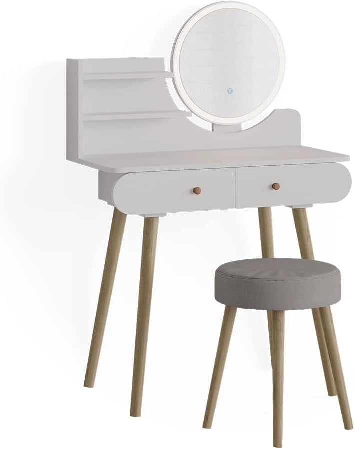 Vicco Tavolo da toeletta Edda, Bianco, 80 cm con illuminazione LED e sgabello, con specchio LED rotondo e sgabello coordinato
