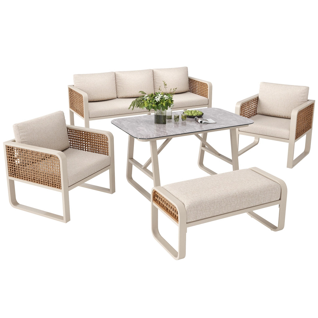 Salotto da Giardino con 2 Poltrone; 1 Divano 3 Posti; 1 Panca e 1 Tavolo; Rattan PE; Beige
