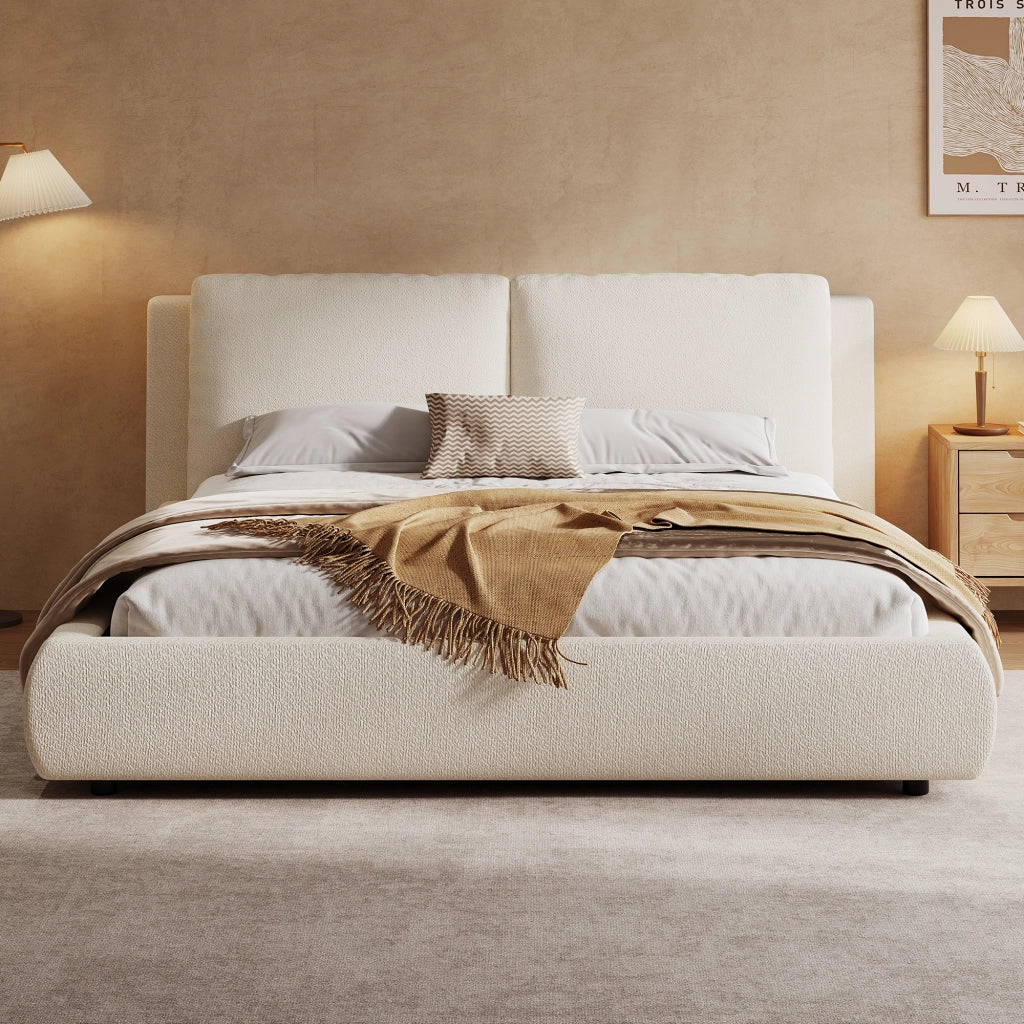 Letto matrimoniale 160 × 200 cm contenitore idraulico, testiera imbottita, senza materasso, bouclé beige