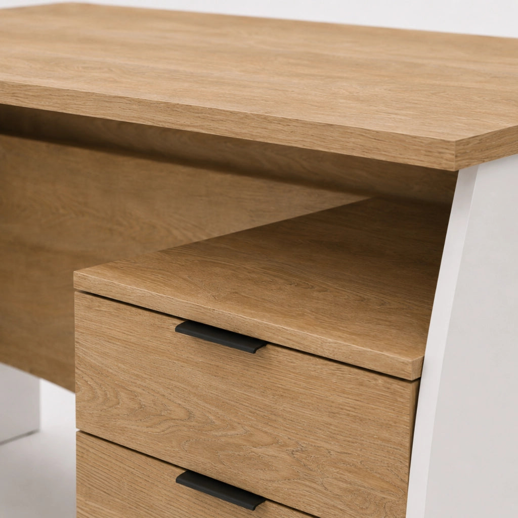 Mobile Desk  Con 3 Cassetti Scrivania Da Studio O Ufficio Scrittoio Per Soggiorno E Sala Da Pranzo 136 X 74 X 67 Cm Bianco E Rovere