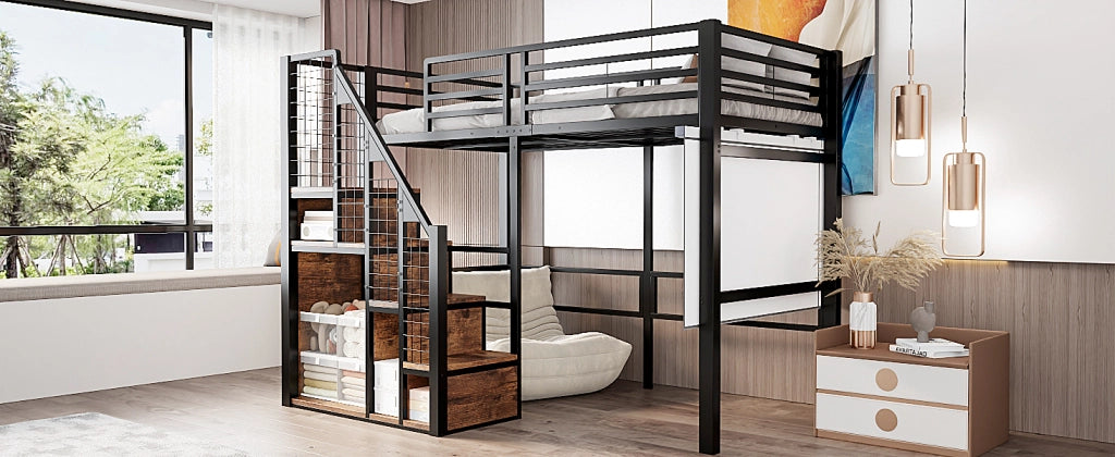 LETTO a soppalco 90x200 cm in metallo nero con scala e spazio contenitivo