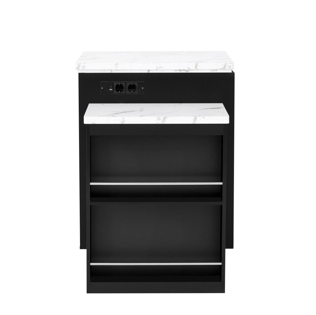 Tavolo estraibile 125.5x71x93 cm con LED; piano effetto marmo e ruote nascoste in MDF nero