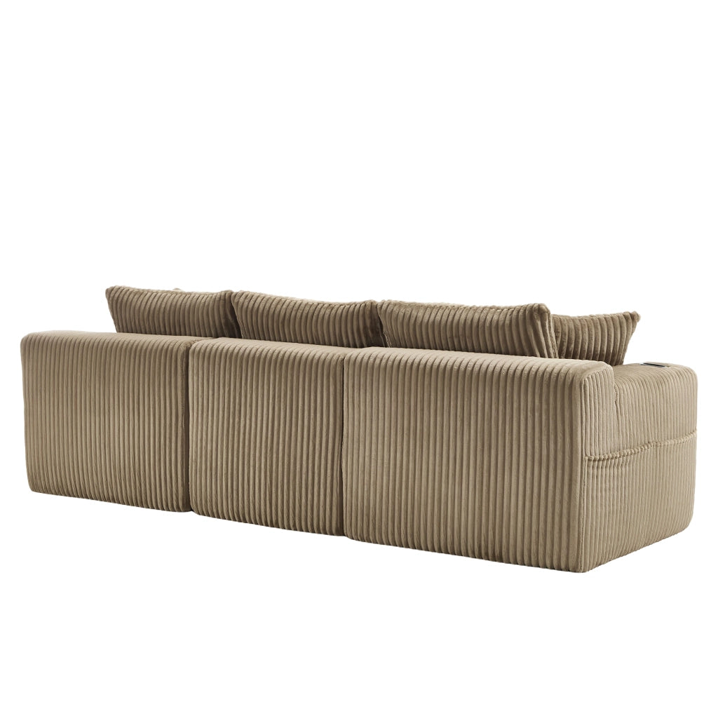 Divano modulare con chaise longue e 2 posti, rivestimento in corduroy, 5 cuscini, tasche laterali e portabicchieri