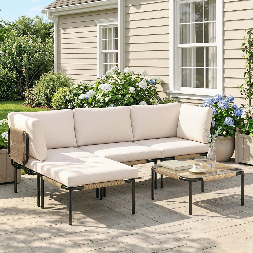 Set Divano da Giardino Polyrattan 5 Pezzi ¨C Zephmum ¨C Grigio con Tavolino Vetro e Cuscini