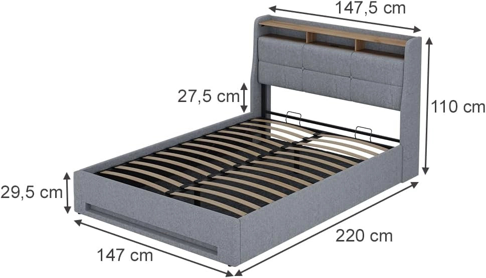 Letto imbottito Christin, Grigio/quercia, con materasso, LED e connessione USB, con rete a doghe e contenitore integrato