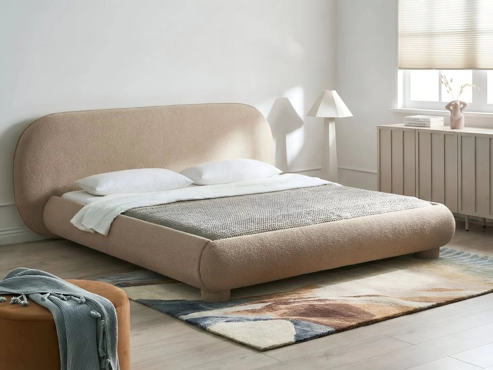 Letto rivestito in bouclé tortora 180 x 200 cm design minimalista retrò camera da letto