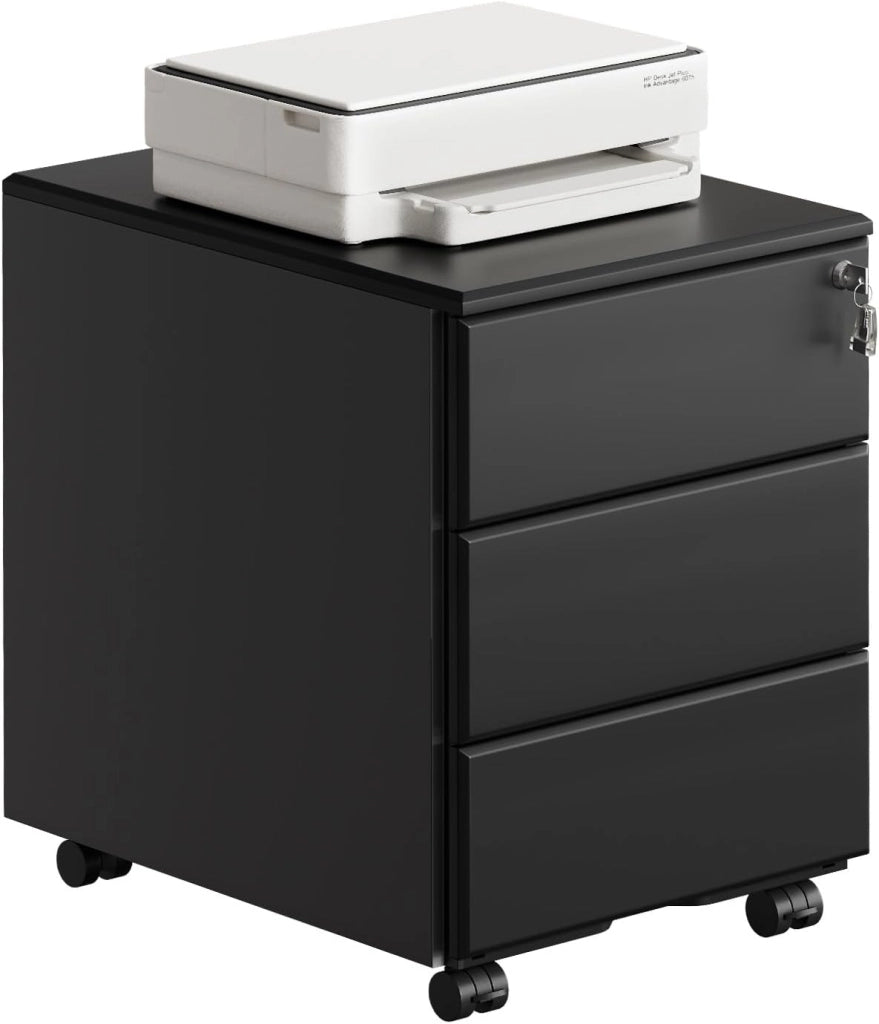 Cassettiera da Ufficio Scrivania Studio con Rotelle Mobiletto con 3 Cassetti e Serratura per Documenti Cartelle Sospese Cancelleria, Pre-Assemblato, metallo Bianco SK024ws
