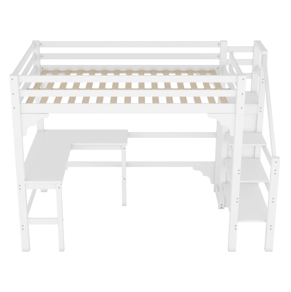 Letto a soppalco 140x200 cm con scrivania ad L e guardaroba aperto in pino bianco