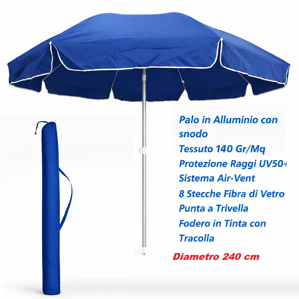 Ombrellone Mare Spiaggia 240 cm Antivento Alluminio UV50+ Inclinabile con Custodia e Trivella