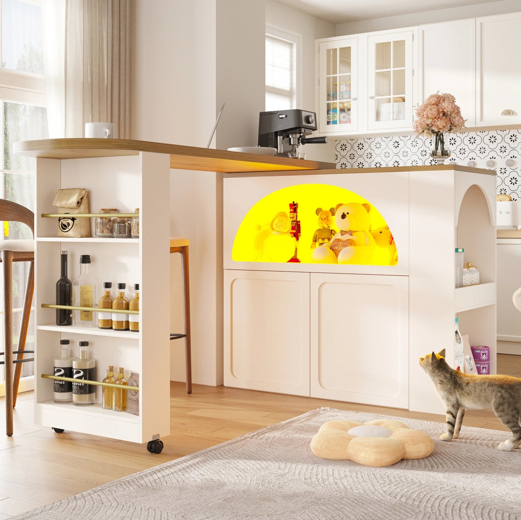 Tavolo bar estensibile mobile con LED e USB 135-205x39x100 cm in MDF bianco