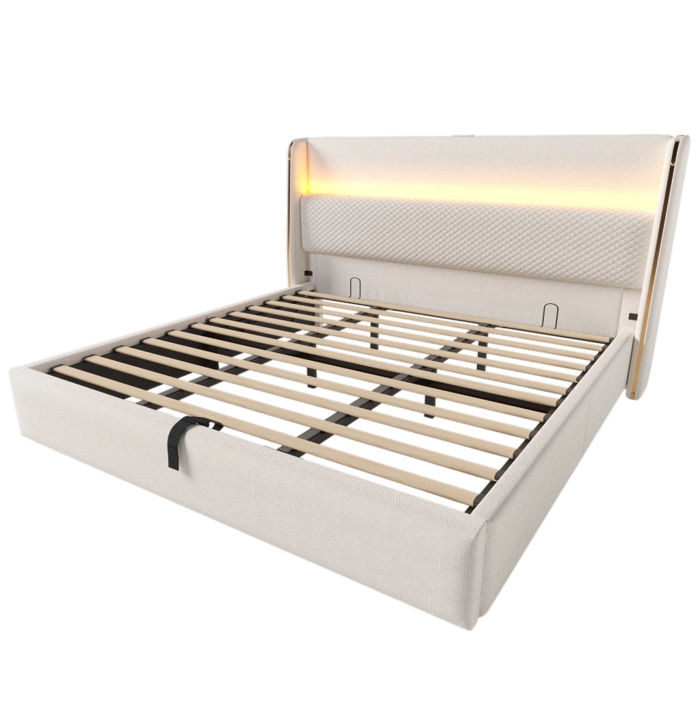 Letto contenitore 180x200 cm con LED e ricarica USB e Type C in lino beige