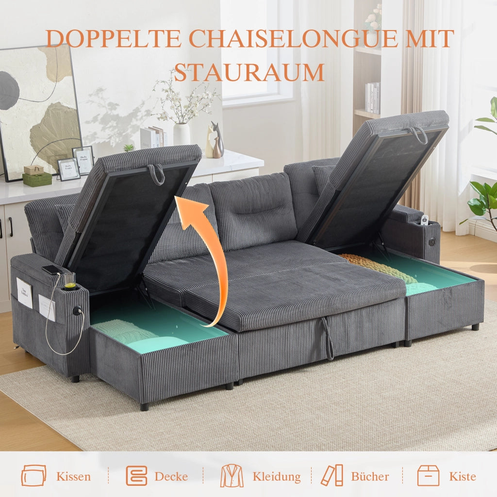 DIVANO 4 POSTI con chaise longue doppia, contenitore, USB-C, Corduroy Grigio Carbonio