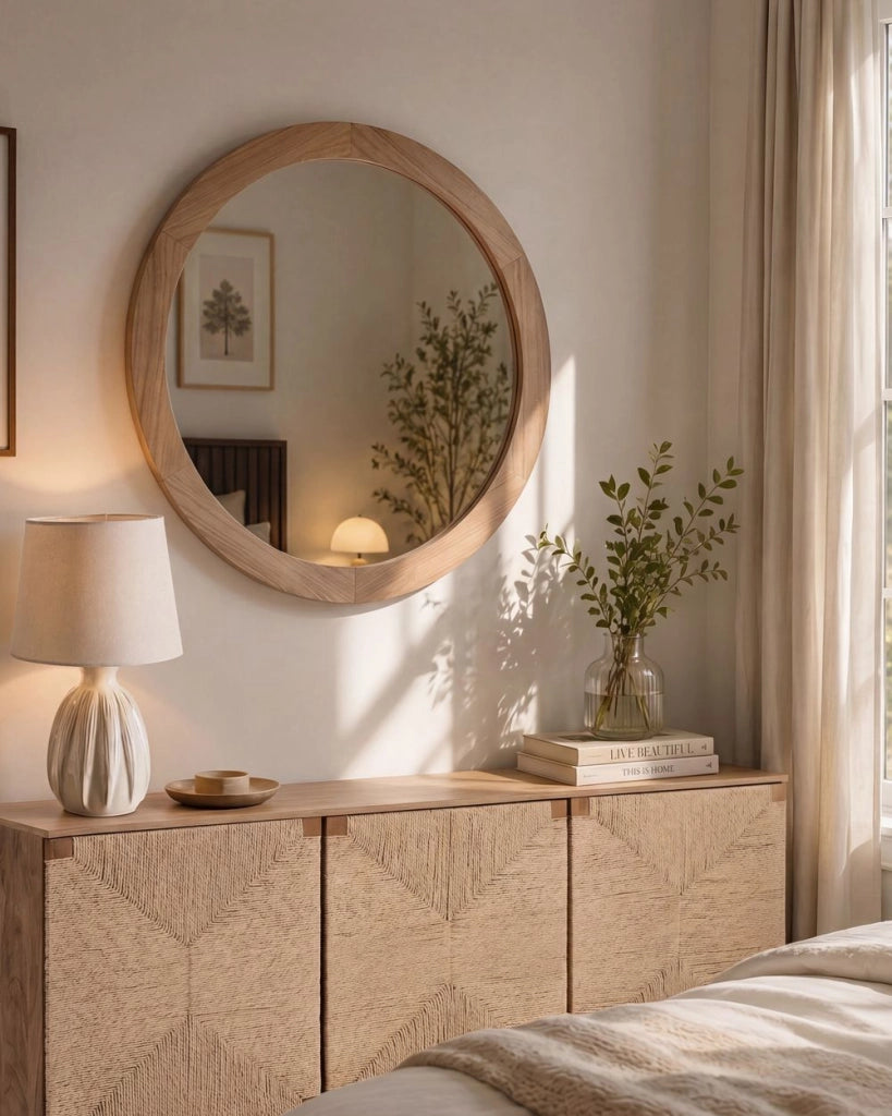 Specchio da parete con cornice in legno di paulownia marrone chiaro, decorazione da appendere in stile scandinavo
