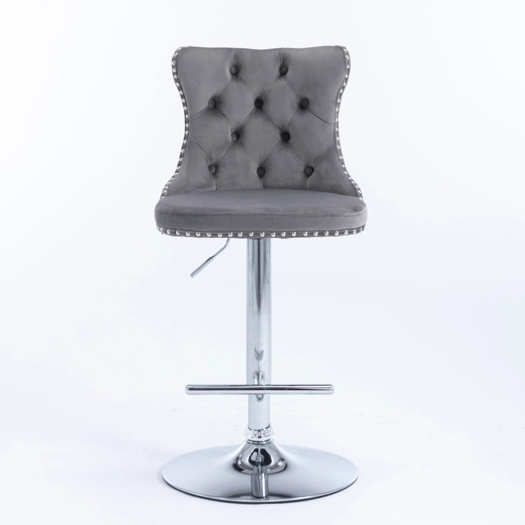 Set di 2 Sgabelli da Bar Regolabili e Girevoli con Schienale; Base Cromata; Velluto Grigio