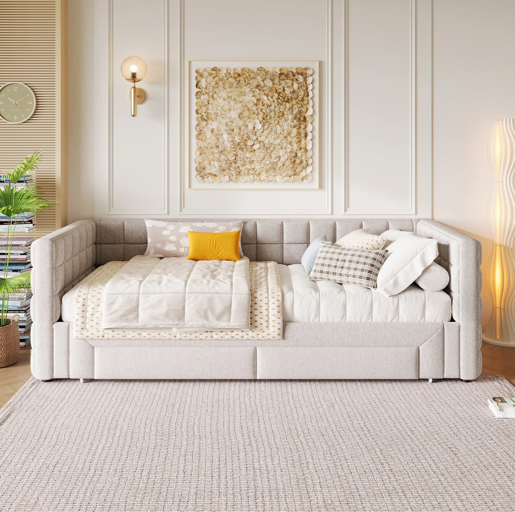 Daybed trasformabile in velluto beige con 2 cassetti 90x200 cm