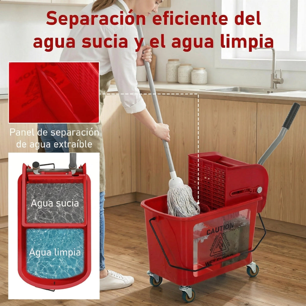 Secchio per Lavaggio con Strizzatore Divisorio e Ruote ¨C Xylo ¨C 20L 45x26,5x70cm Rosso