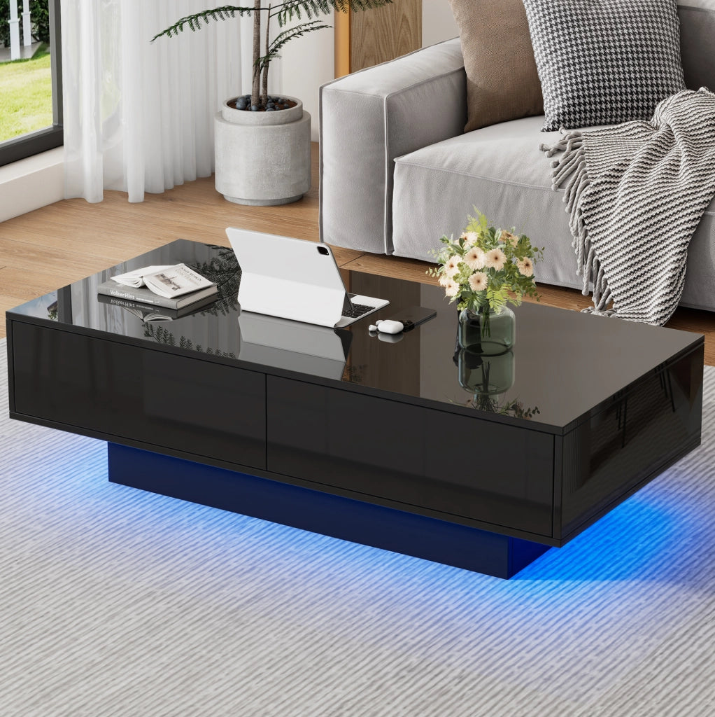 Tavolino da caffè nero lucido con LED e 2 cassetti, 115 x 55 x 34 cm