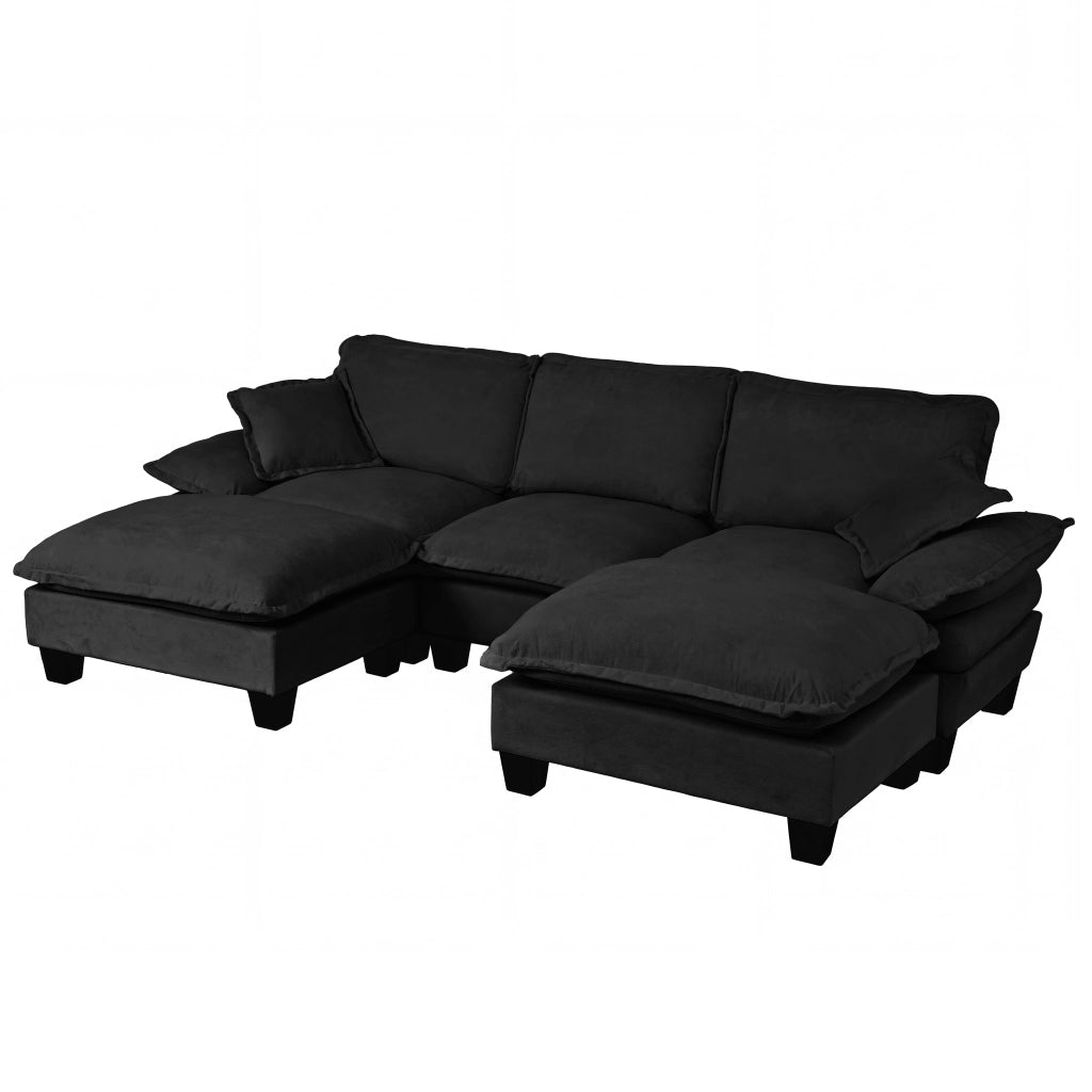 Divano panoramico a U modulare con pouf rimovibile e cuscini in chenille nero
