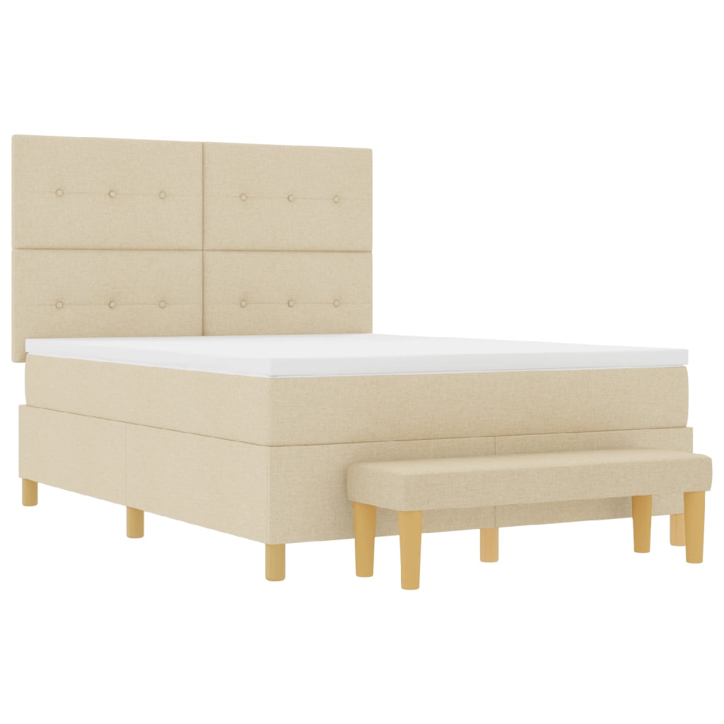 Letto Box Spring  con Materasso e Panchina Crema 140x190 cm Tessuto