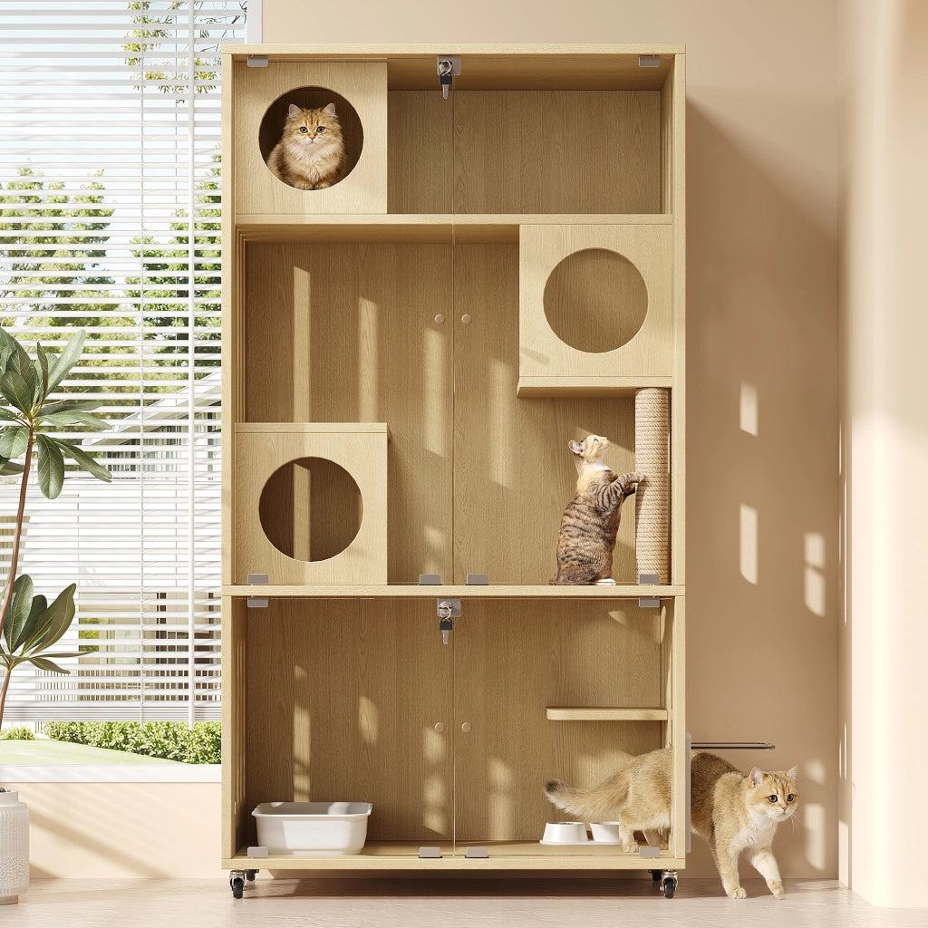 Mobile contenitore per gatti con 3 livelli e porta in vetro - 90×50×166 cm - naturale
