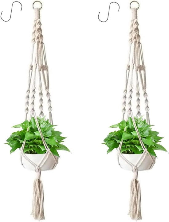 Due pezzi di pendenti per piante in macramè in cotone con 2 ganci - decorazione per esterni, interni, balcone, giardino e arredo domestico (105cm)