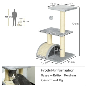 Albero tiragraffi per gatti 72 cm con piattaforme, pallina sospesa e sisal, grigio chiaro