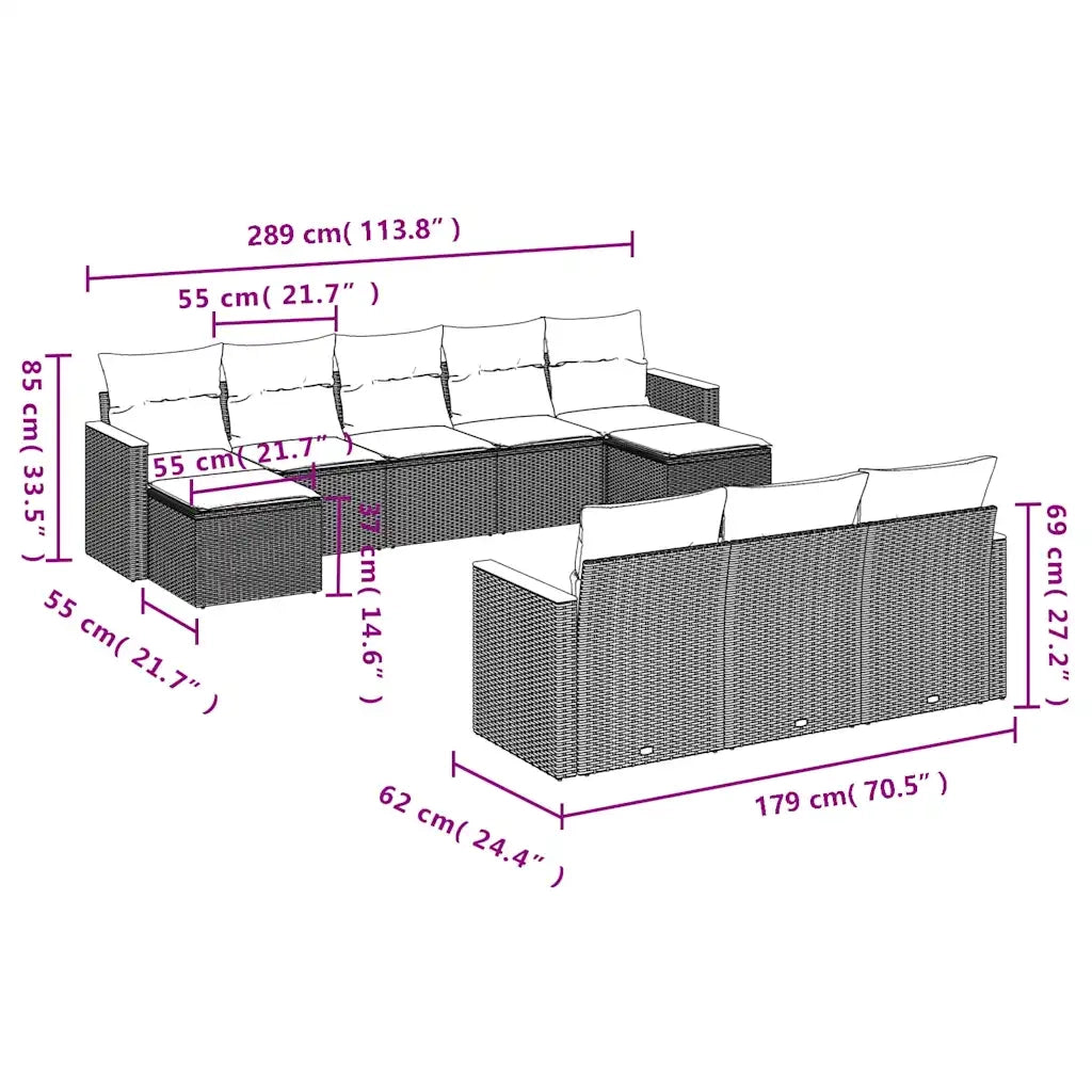 Set Divani da Giardino 10 pz con Cuscini Nero in Polyrattan 3226414