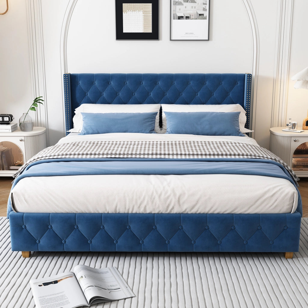 Letto Imbottito 160 × 200 cm; Matrimoniale con Testiera Trapuntata e Borchie; senza Materasso; Velluto Blu
